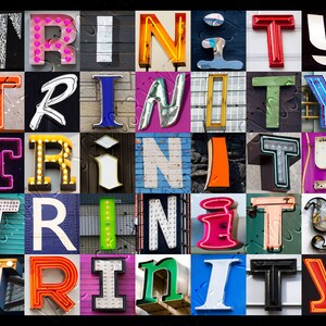 Puede incluir: Un mosaico colorido de letreros de neón que deletrean la palabra "TRINITY". Cada letra es de un color y estilo diferente, creando una pantalla vibrante y llamativa.