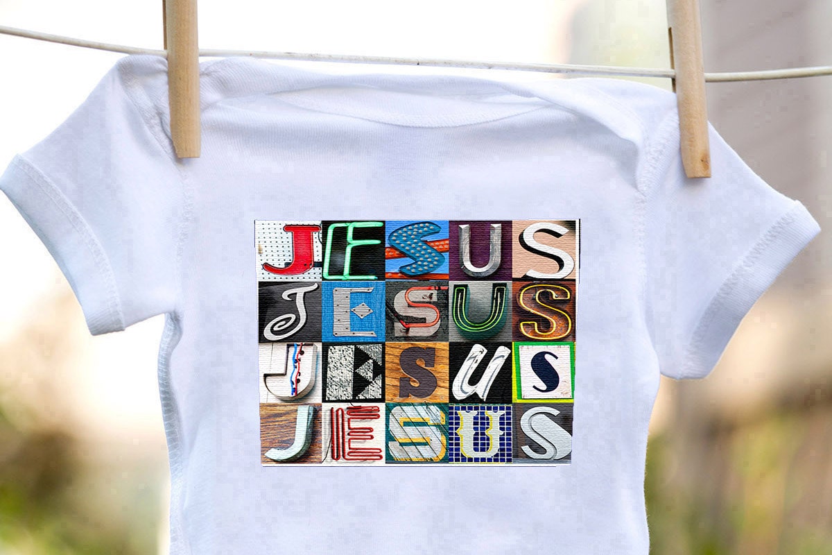 Personalized baby bodysuit featuring the name JESUS showcased in photos of letters from signs; Baby gift; Baby shower