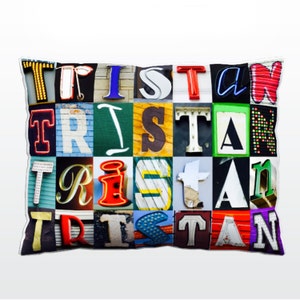 Oreiller personnalisé avec TRISTAN dans les photos de lettres de signe; Coussins de canapé personnalisés; Oreillers colorés; Oreiller photo; Oreillers de sofa