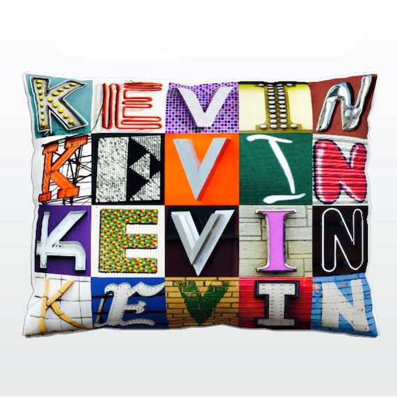 Personalized Pillow Featuring KEVIN in Photos of Sign Letters