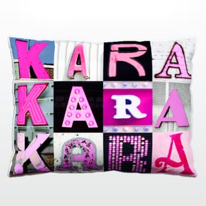Oreiller personnalisé avec KARA dans les photos de lettres de signe PINK; Coussins de canapé personnalisés; Oreillers colorés; Oreiller photo; Oreillers de sofa