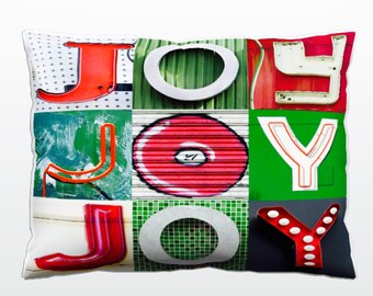 Personalized Pillow featuring JOY in photos of GREEN & RED sign letters; ; Christmas pillows; Holiday decor; Sofa pillow