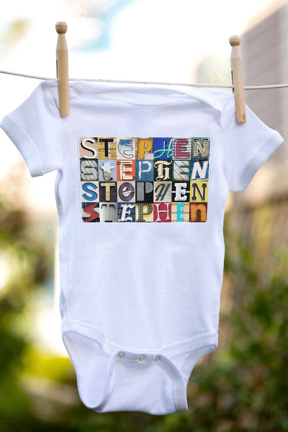 Personalized baby bodysuit featuring the name STEPHEN showcased in photos  of letters from actual signs; Baby gift; Baby shower
