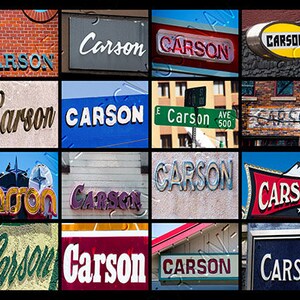Puede incluir: Un collage de 12 letreros diferentes con la palabra "Carson" escrita en varios estilos y colores. Los letreros están hechos de diferentes materiales, incluyendo madera, metal y plástico. Algunos de los letreros están pintados, mientras que otros están hechos de luces de neón. Los letreros están todos dispuestos en un patrón de cuadrícula.