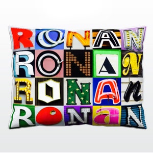 Oreiller personnalisé avec RONAN dans des photos de lettres d'enseignes; Coussins de canapé personnalisés; Oreillers colorés; Oreiller photo; Oreillers de sofa