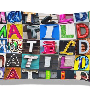 Personalizada de funda de almohada con MATILDA en cartas de la muestra; Fundas de almohada personalizadas; Decoración del dormitorio adolescente; Funda de almohada fresca; Ropa de cama