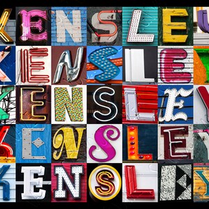 May include: The name "KENSLEY" spelled out in colorful, vintage-style letters. Each letter is a different color and style, creating a unique and eye-catching design.