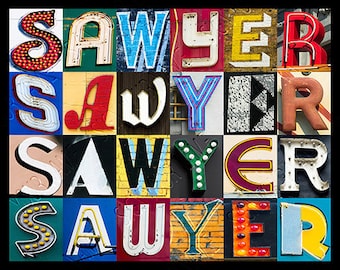 SAWYER personalisierte Poster mit Fotos von Buchstaben von Zeichen; Typografie Druck; Wand-Dekor; Benutzerdefinierte Wandkunst; Namensplakat