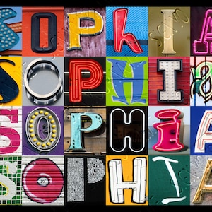 May include: A colorful collage of letters spelling out the name "Sophia". Each letter is a different color and style, with some letters featuring neon lights, others with brick backgrounds, and others with a more graphic design.