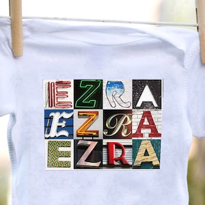 Personalized baby bodysuit featuring the name EZRA showcased in photos of letters from signs; Baby gift; Baby shower