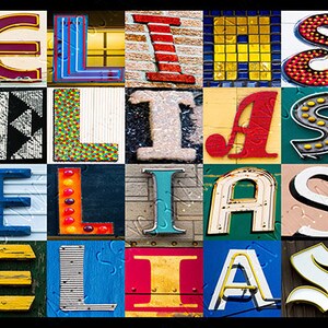 Pôster personalizado ELIAS com fotos de letras do alfabeto em cartazes; Impressão tipográfica; Decoração de parede; Arte de parede personalizada; Pôster de nome