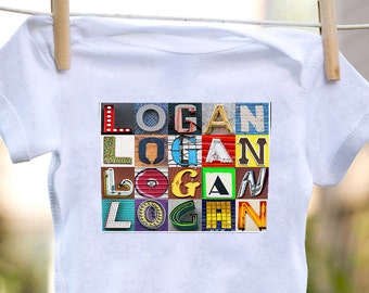Personalized baby bodysuit featuring the name LOGAN showcased in photos of letters from signs; Baby gift; Baby shower