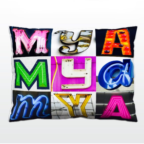 Personalized Pillow featuring MICHELLE in photos of sign letters; Custom couch cushions; Colorful pillows; Photo pillow; Sofa pillows