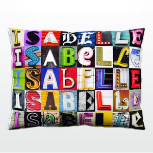 Oreiller personnalisé avec ISABELLE dans les photos de lettres de signe; Coussins de canapé personnalisés; Oreillers colorés; Oreiller photo; Oreillers de sofa