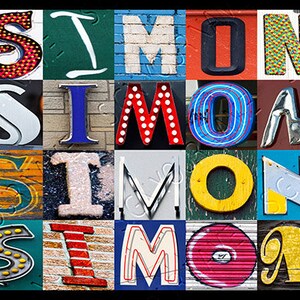 Póster personalizado de SIMON con fotografías de letras del alfabeto de carteles; Impresión tipográfica; Decoración de pared; Arte de pared personalizado; cartel con el nombre