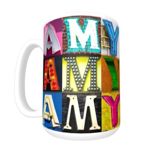 Personalized Coffee Mug featuring the name AMY in sign letter photos; Ceramic mug; Custom coffee cup; Gifts for coffee lovers