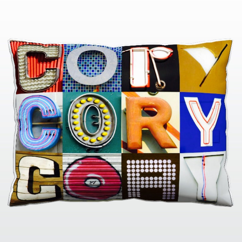 Personalized Pillow featuring CORY in photos of sign letters; Custom couch cushions; Colorful pillows; Photo pillow; Sofa pillows