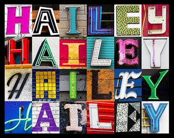 HAILEY oder HALEY personalisiertes Poster mit in Fotos von Buchstaben von Schildern präsentiert; Wanddekor; Benutzerdefinierte Wandkunst; Namensplakat