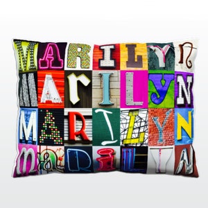 Oreiller personnalisé avec MARILYN dans les photos des lettres de signe ; Coussins de canapé personnalisés; Oreillers colorés; Oreiller photo; Oreillers de sofa