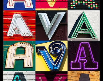 Op de afbeelding: Een kleurrijke collage van de naam AVA, gespeld in verschillende lettertypen en kleuren. Elke letter is gemaakt van een ander materiaal, waaronder neonborden, geschilderd hout en metaal.