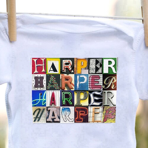 Personalized baby bodysuit featuring the name CINDY showcased in photos of letters from actual signs; Baby gift; Baby shower