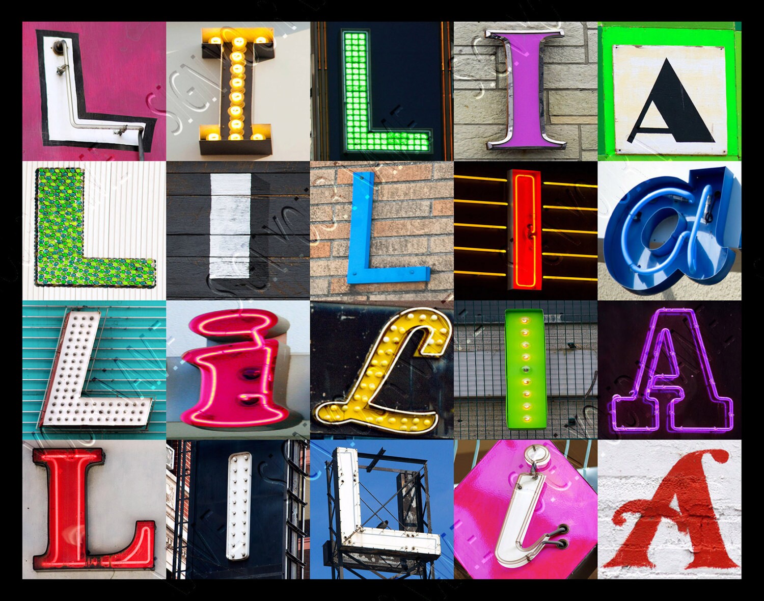 Personalized Poster featuring LILIA in photos of letters from signs; Typography print; Wall decor; Custom wall art; Name poster