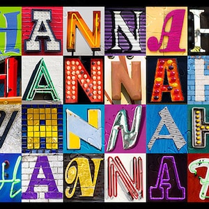 May include: The name "HANNAH" spelled out in colorful, vintage-style letters. Each letter is a different color and has a unique design.