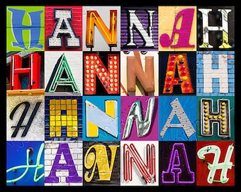 HANNAH, HANNA o HANA Póster personalizado con fotografías de letras de letreros; Decoración de pared; Arte de pared personalizado; cartel con el nombre