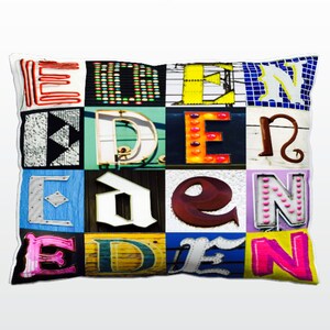 Oreiller personnalisé avec EDEN dans les photos de lettres de signe; Coussins de canapé personnalisés; Oreillers colorés; Oreiller photo; Oreillers de sofa