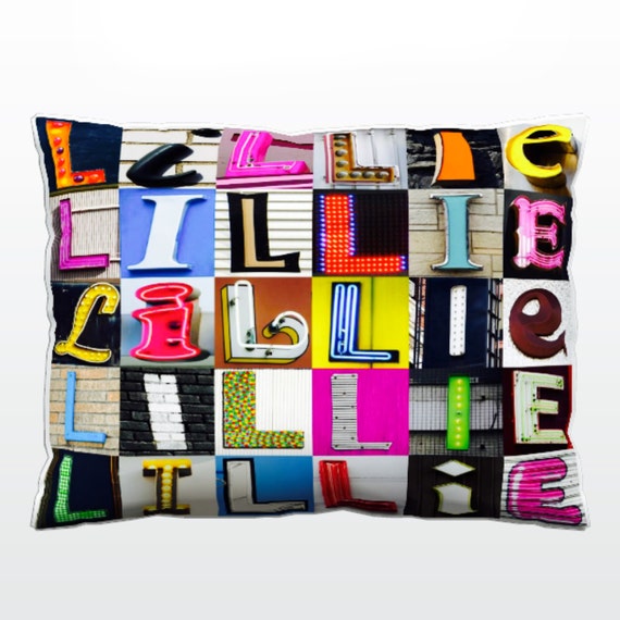 Personalized Pillow featuring MICHELLE in photos of sign letters; Custom couch cushions; Colorful pillows; Photo pillow; Sofa pillows