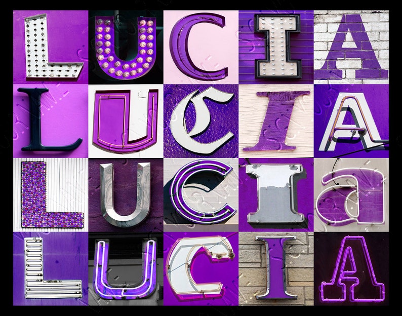 Cartel personalizado con LUCIA en fotos de letras PURPLE de signos; Impresión tipográfica; Decoración de la pared; Arte de pared personalizado; Cartel de nombre imagen 1