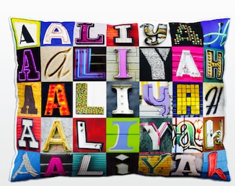 AALIYAH Personalized Pillow featuring photos of sign letters; Custom couch cushions; Colorful pillows; Photo pillow; Sofa pillows