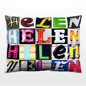Oreiller personnalisé avec HELEN dans les photos de lettres de signe; Coussins de canapé personnalisés; Oreillers colorés; Oreiller photo; Oreillers de sofa