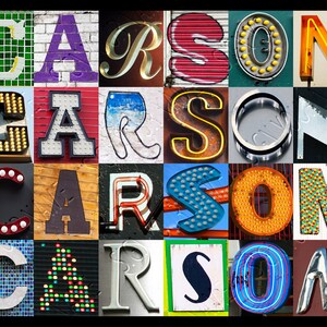 Póster personalizado CARSON, KARSEN o KARSON con fotografías de letras del alfabeto de letreros; Impresión tipográfica; Decoración de pared; cartel con el nombre