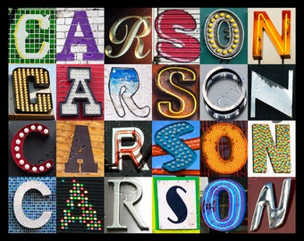 CARSON, KARSEN oder KARSON personalisiertes Poster mit Fotos von Buchstaben aus Schildern; Typografie Druck; Wanddekor; Namensplakat