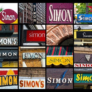 Puede incluir: Un collage de varios letreros con el nombre "Simon" en diferentes colores, fuentes y estilos. Los letreros están dispuestos en una cuadrícula y presentan una variedad de fondos, incluyendo ladrillo, madera y metal.