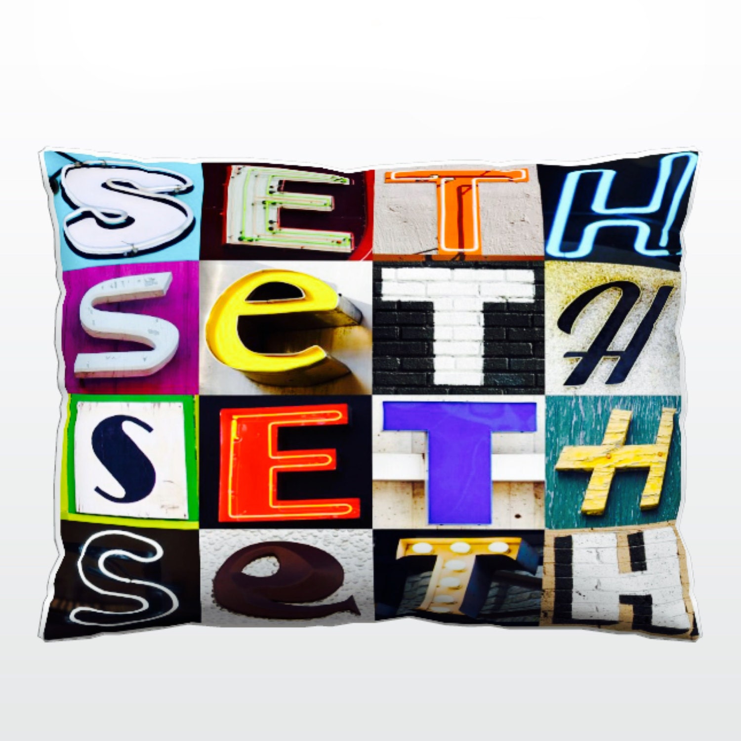 Personalisierte Kissen mit SETH in Fotos von Zeichenbuchstaben; Benutzerdefinierte Couch Kissen; Bunte Kissen; Fotokissen; Sofakissen