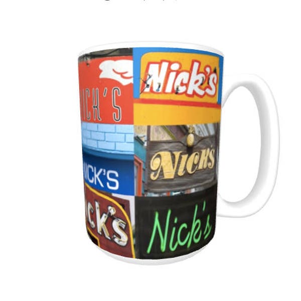 Personalized Coffee Mug featuring the name NICK in photos of signs; Ceramic mug; Unique gift; Coffee cup; Birthday gift; Coffee lover