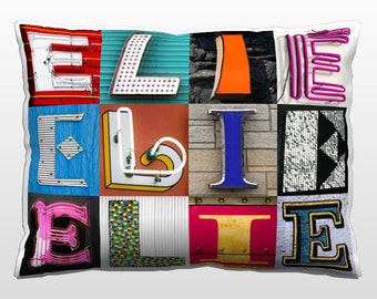 Personalized Pillow featuring ELIE in photos of sign letters; Custom couch cushions; Colorful pillows; Photo pillow; Sofa pillows