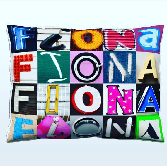 Personalized Pillow featuring MICHELLE in photos of sign letters; Custom couch cushions; Colorful pillows; Photo pillow; Sofa pillows