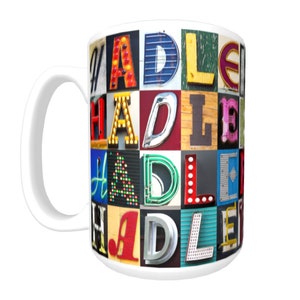 HadLEE Personalized Coffee Mug con el nombre en las fotos de la carta de firma; Taza de cerámica; Regalo único; Taza de café personalizada; Regalo para los amantes del café