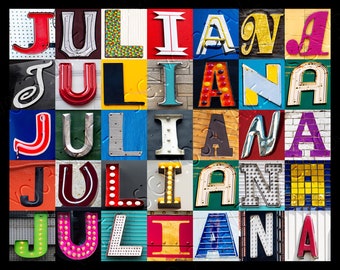JULIANA Personalized Poster featuring photos of alphabet letters from signs; Typography print; Wall decor; Custom wall art; Name poster