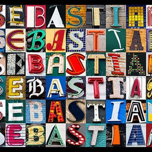 May include: A colorful mosaic of letters spelling out the name "SEBASTIAN". Each letter is made of different materials and textures, creating a visually interesting and unique design.