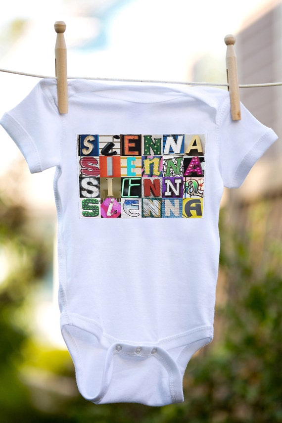Personalized baby bodysuit featuring the name CINDY showcased in photos of letters from actual signs; Baby gift; Baby shower