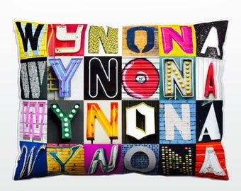 Personalized Pillow featuring WYNONA in photos of sign letters; Custom couch cushions; Colorful pillows; Photo pillow; Sofa pillows