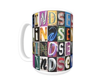 Personalized Coffee Mug featuring the name LINDSEY in sign letter photos; Ceramic mug; Custom coffee cup; Gift for coffee lovers