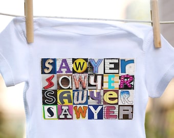 Personalized baby bodysuit featuring the name SAWYER showcased in photos of letters from actual signs; Baby gift; Baby shower