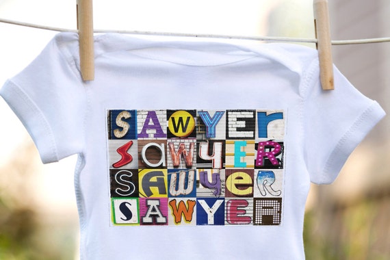 Personalized baby bodysuit featuring the name CAROL showcased in photos of letters from actual signs; Baby gift; Baby shower