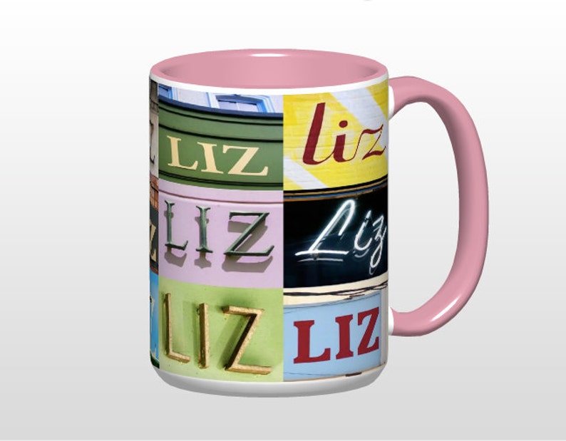 Taza de café personalizada con el nombre LIZ en fotos de