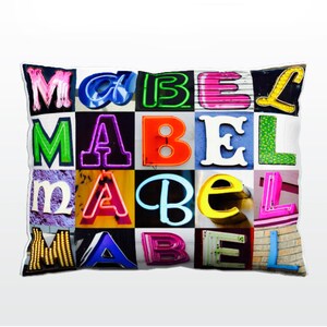 Personnalisé coussin comportant MABEL dans photos de lettres signe ; Sur mesure canapé coussins ; Coussins colorés ; Coussin photo ; Coussins de canapé
